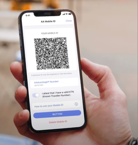 A mobile ID shown on a phone at an American Airlines gate.